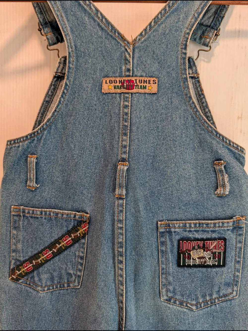 LOONEY TUNES Kids Blue Denim Overalls with Football Varsity Fun Patches Size 5